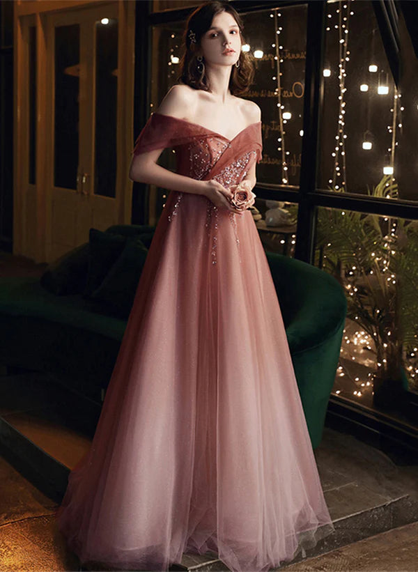 A-line Pink Gradient Tulle Long Beaded Formal Dress